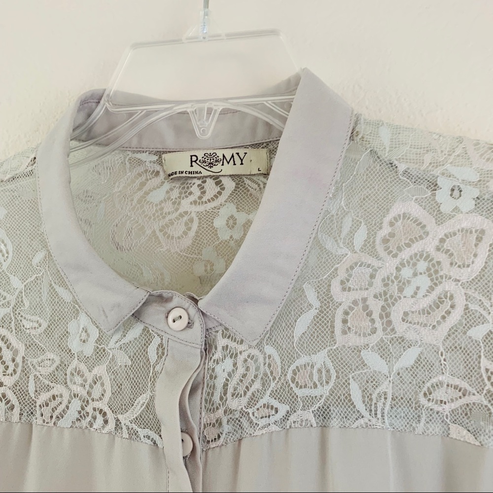 Gray Lace Back Romy Long Sleeve Blouse A